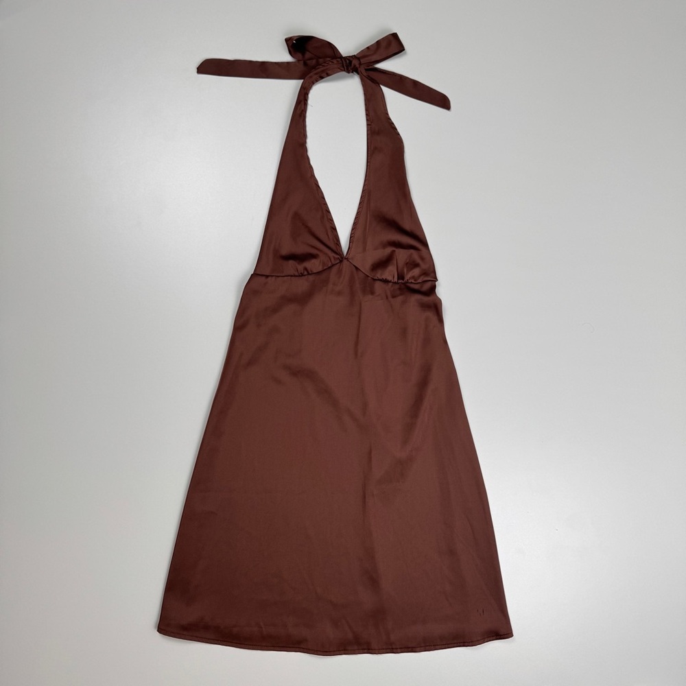 Just Polly Brown Satin Halter Mini Dress Size XS Y2K Party Glam Festival Baddie